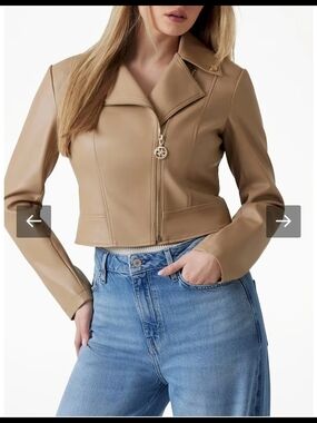 Guess Cropped Faux Leather Jacket Coat - Tan